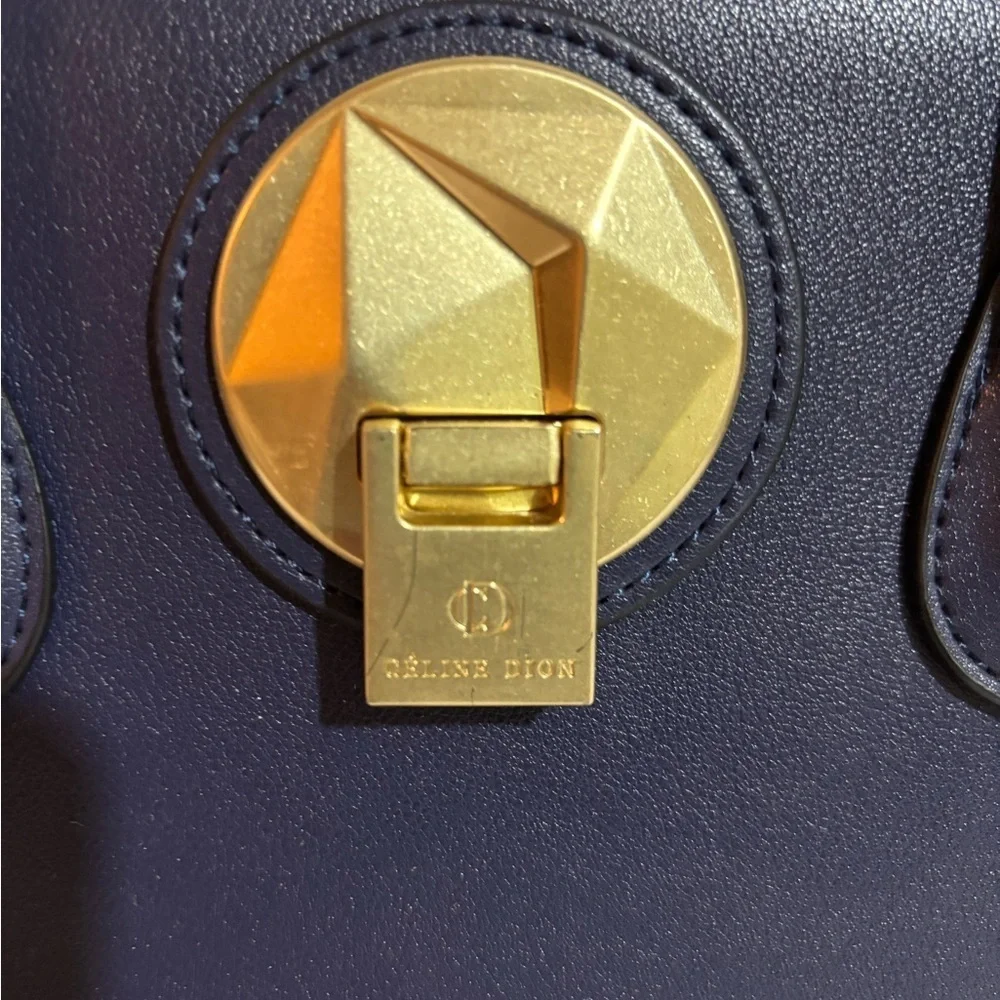 Celine Dion Elegant Navy blue satchel leather Handbag with Gold Accents
